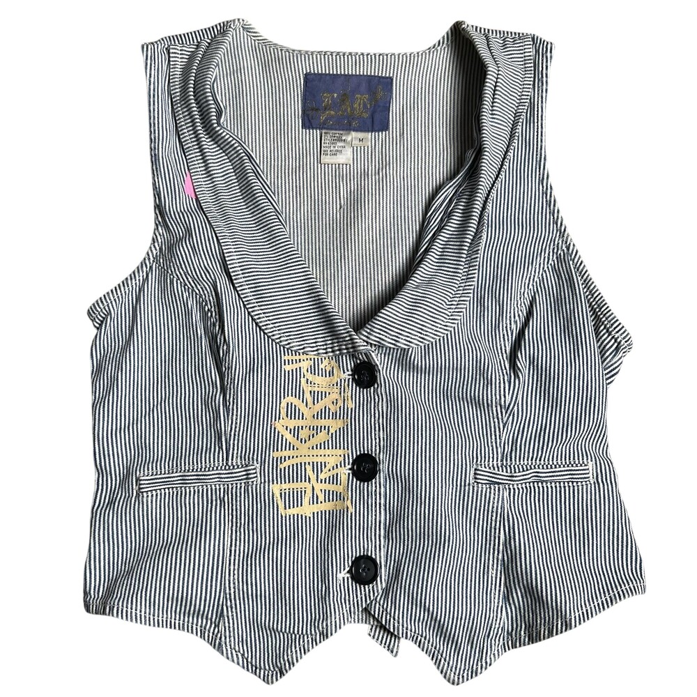 L.A.L. Y2K Striped Vest Womens M Collared Belted Twill Button Casual Slim